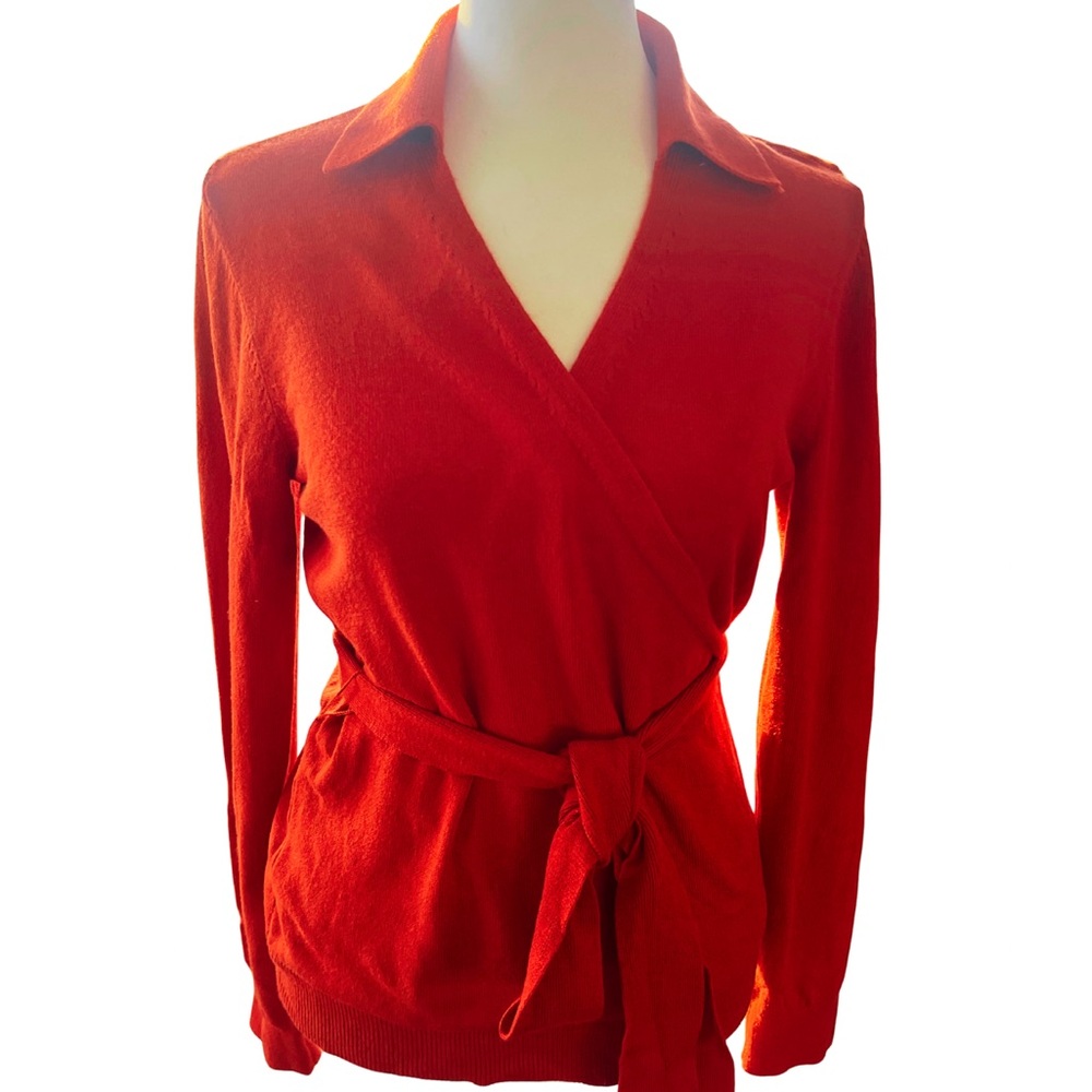 Ann Taylor Burnt Orange / Flame Collared Wrap Sweater; Lightweight Fine Knit
